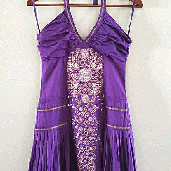 SMART SET Purple & Gold Beaded Embroidery Halter Dress Pleated Skirt 6 - Picture 3 of 5